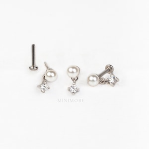 NEW! Silver Threadless Push Pin Stud, 16-20g Push-Pin Stud, 5-10mm Length Flatback Earring, 14K Vermeil Flatback Stud, Dangled Pearl Stud