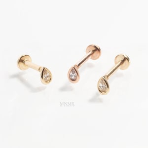 14K Solid Gold Internally Thraded Labret, Ultra TIny Teardrop Cartilage earring, CZ Stud, Tragus Earring, 18g piercing