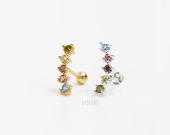 NEW! Colored Stone Curved Bar Cartilage Earring, Silver Cartilage Piercing, Curved Bar Stud, Curved Helix Flatback, Curved Conch Earring