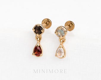 Dangled Teardrop Push Pin Stud, Natural Gemstone Helix Earring, Gold Vermeil, Titanium Post, TLN
