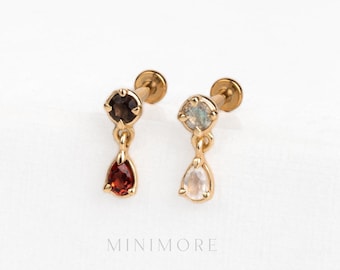 Dangled Teardrop Push Pin Stud, Natural Garnet Moonstone Helix Earring, Gold Vermeil, Titanium Post