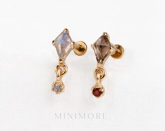 Kite Cut Gemstone Push Pin Stud, Silver Flatback Stud, Dangled Charm Jewelry, TLN