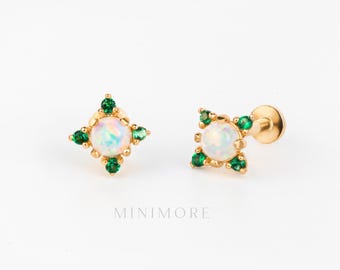 NEW! 14K Solid Gold Opal Labret Piercing, Cluster Tragus Earring, 18G Labret