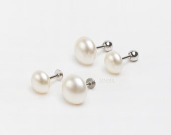 NEW! Fresh Water Pearl Cartilage Earring, Flat Pearl Stud, Pearl Helix Earring, Big Pearl Flat Back Earring, Creamy Pearl Earring, Flat Back