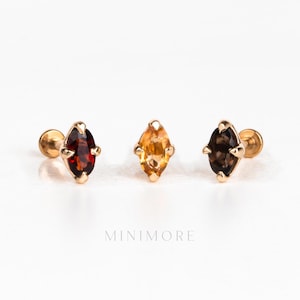 Garnet Push Pin Stud, Gold Vermeil Titanium, Oval Natural Gemstone Earring, 16G-20G
