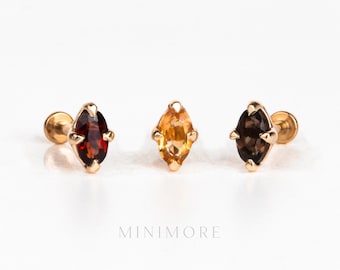 Garnet Push Pin Stud, Gold Vermeil Titanium, Oval Natural Gemstone Earring, 16G-20G