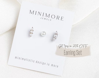 Dainty Pearl Flat Back Earring Set, Pearl Cartilage Earrings, Pearl Helix Stud, Pearl Tragus Stud, Pearl Conch Stud, Earring Gift Set