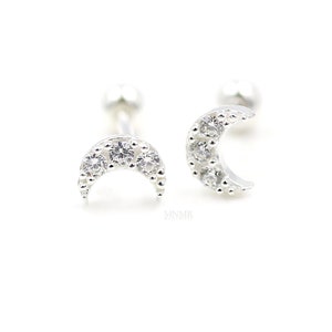 925 Sterling Silver Sparkly Moon piercing, Moon CZ earring, Shiny CZ Stud, Conch earring, Dainty earring, 20g piercing, Gift for her