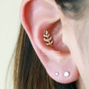 Delicate CZ Leaf Cartilage earring, Tragus earring, Dainty earring, Barbells, Cartilage piercing, Leaf earrings, Conch, Rook, Helix