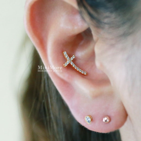 Cross Cartilage earrings, Dainty earring, CZ Cartilage,  Cross earring, Cartilage, Helix, Conch, Mens earrings