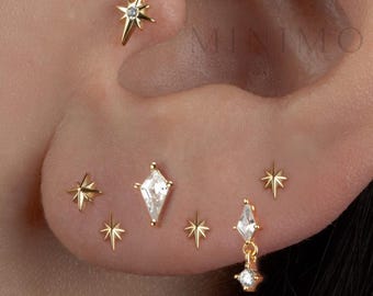 Kite Cut Vermeil Push Pin Stud, Threadless Labret Earring, Sterling Silver, Surgical Steel Post