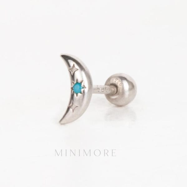 Sterling Silver Crescent Moon Turquoise Stud Earrings, Dainty Helix Cartilage Body Jewelry