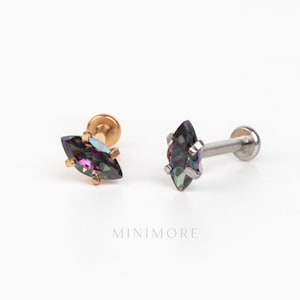 NEW! Ultra Tin Marquise Threadless Labret, 16-20g Pushpin Stud, Black Stone Cartilage Flatback Earring, Tragus Flatback Stud, Nose Stud