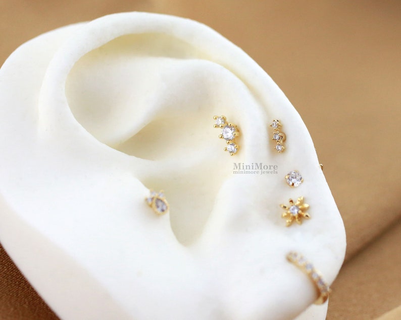 Curved Bar Three Stud Piercing Cartilage Earring Dainty Etsy