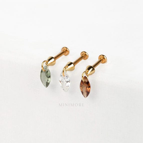 Multicolor Marquise Silver Push Pin Stud, Dangled Flatback Earring, 14K Vermeil Piercing
