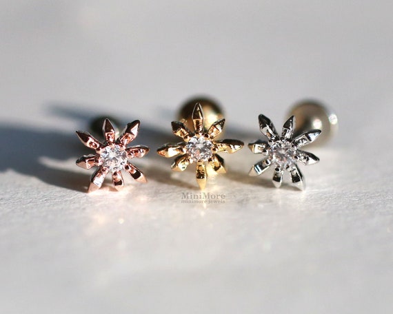 Gift For Her Tiny Helix Conch Dainty Cute Zircon Solid Silver Stud Crystal Flower Pierced 925 Sterling Silver Snowflake Earrings