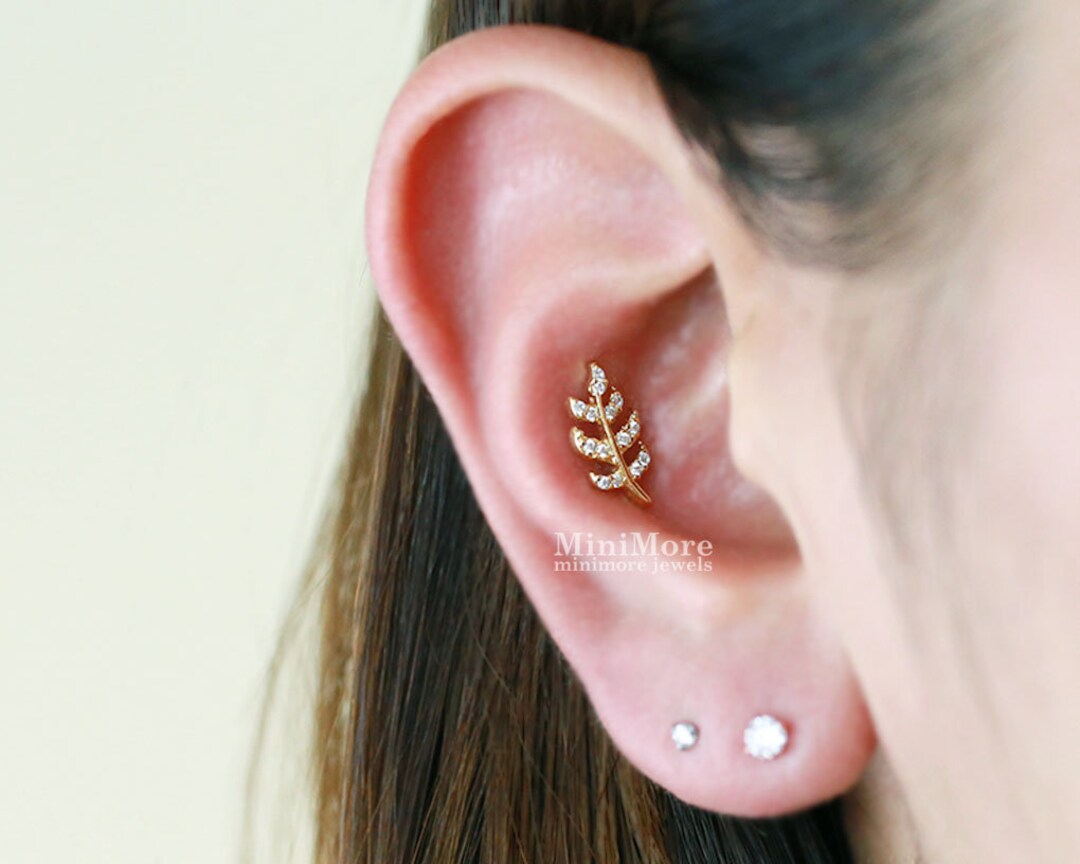 Delicate CZ Leaf Cartilage Earring Tragus Earring Dainty Etsy