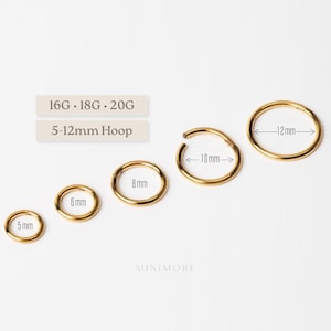 May include: A set of five gold-coloured metal hoop rings in varying sizes of 5mm, 6mm, 8mm, 10mm, and 12mm. The text 16G, 18G, 20G and 5-12mm Hoop is visible. The brand name MINIMORE is printed at the bottom. Each hoop is a circular segment ring.