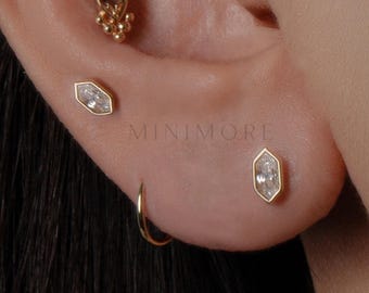 ¡NUEVO! Piercing labret hexagonal alargado de oro macizo de 14 quilates / Pendiente de estaño para tragus / Labret de 18G