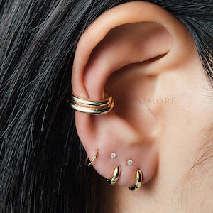 NOUVEAU ! Tour d'oreille unie double épaisseur audacieux, Manchette en or, Manchette non percée, Boucle d'oreille conque, Tour d'oreille en or, Boucle d'oreille Huggie, Boucle d'oreille enveloppante