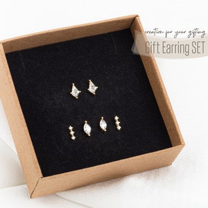 Gifting! Silver Cartilage Earring Set, Diamond Stud, Horn Stud, Geometric Flatback stud, Diamond Conch Earring