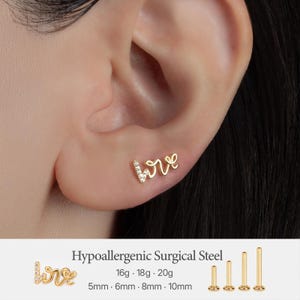 14K Gold Vermeil "Love" Stud Earring, Threadless Push Pin Labret, 16G/18G/20G Flatback