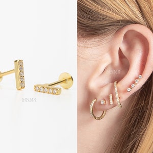 New! 925 Sterling Silver Tiny CZ Bar Stud, Cartilage earring, Dainty earring, Earlobe earring, Helix, Conch, Vermeil Stud, Gif for her