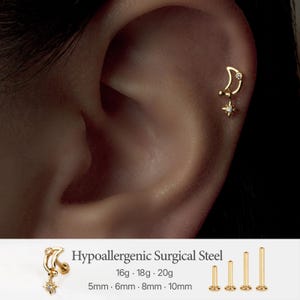 Pendiente colgante de plata con forma de luna, tipo pasador, sin rosca, para cartílago, con parte posterior plana, calibre 16G/18G/20G. Pendientes de plata con cierre de presión, sin rosca, para cartílago.