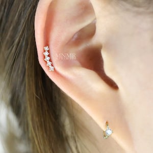 Tiny Five Studs Stone Curved Bar Cartilage Earring, 14K Solid Gold Flatback Earring, Curved Bar Helix Earring, 18g Flatback Earring