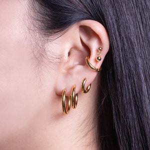 May include: A person's ear with multiple gold hoop earrings. The earrings are different sizes and are worn in the lobe and cartilage.
