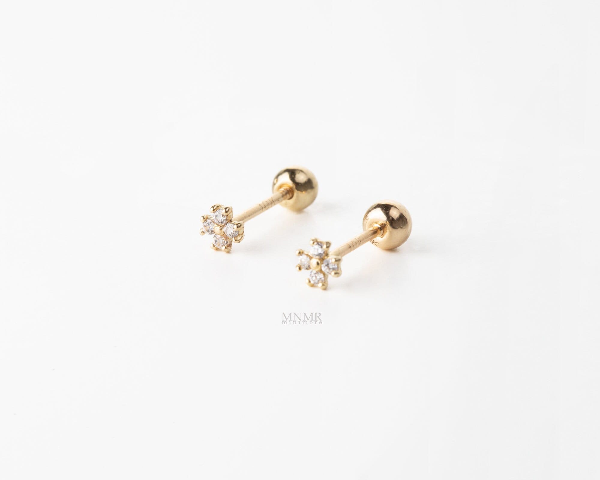 10K Solid Gold Super Tiny Clover Piercing, Tiny Tragus Earring, Tiny CZ Cartilage earring, CZ Stud, Dainty earring, 20g piercing