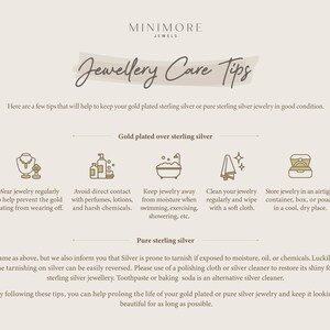 May include: A graphic with tips on how to care for gold plated and sterling silver jewelry. The graphic features illustrations of jewelry, perfume bottles, a bathtub, a towel, and a jewelry box. The text includes the following: "Jewellery Care Tips", "Gold plated over sterling silver", "Pure sterling silver", "Wear jewelry regularly to help prevent the gold plating from wearing off.", "Avoid direct contact with perfumes, lotions, and harsh chemicals.", "Keep jewelry away from moisture when swimming, exercising, showering, etc.", "Clean your jewelry regularly and wipe with a soft cloth.", "Store jewelry in an airtight container, box, or pouch in a cool, dry place.", "Same as above, but we also inform you that Silver is prone to tarnish if exposed to moisture, oil, or chemicals. Luckily, the tarnishing on silver can be easily reversed. Please use of a polishing cloth or silver cleaner to restore its shiny for sterling silver jewellery. Toothpaste or baking soda is an alternative silver cleaner.", "By following these tips, you can help prolong the life of your gold plated or pure silver jewelry and keep it looking beautiful for as long as possible."