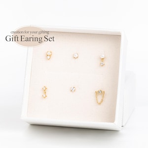 Gifting! Silver Cartilage Earring Set, Pushpin Diamond Stud, Dangled chain Flatback Stud, Pearl Helix Flatback, Sparkle Conch Earring