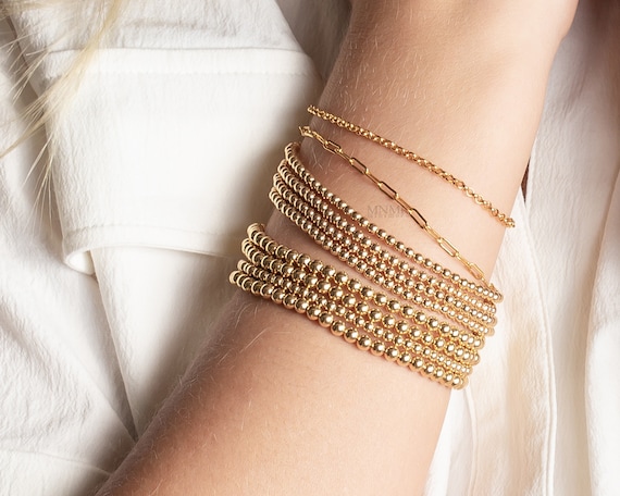 14K Gold Filled Beads Layering Bracelet, Gold Beaded Stacking Bracelet, Gold Fill Ball Bracelet for Women, Dainty Bracelet