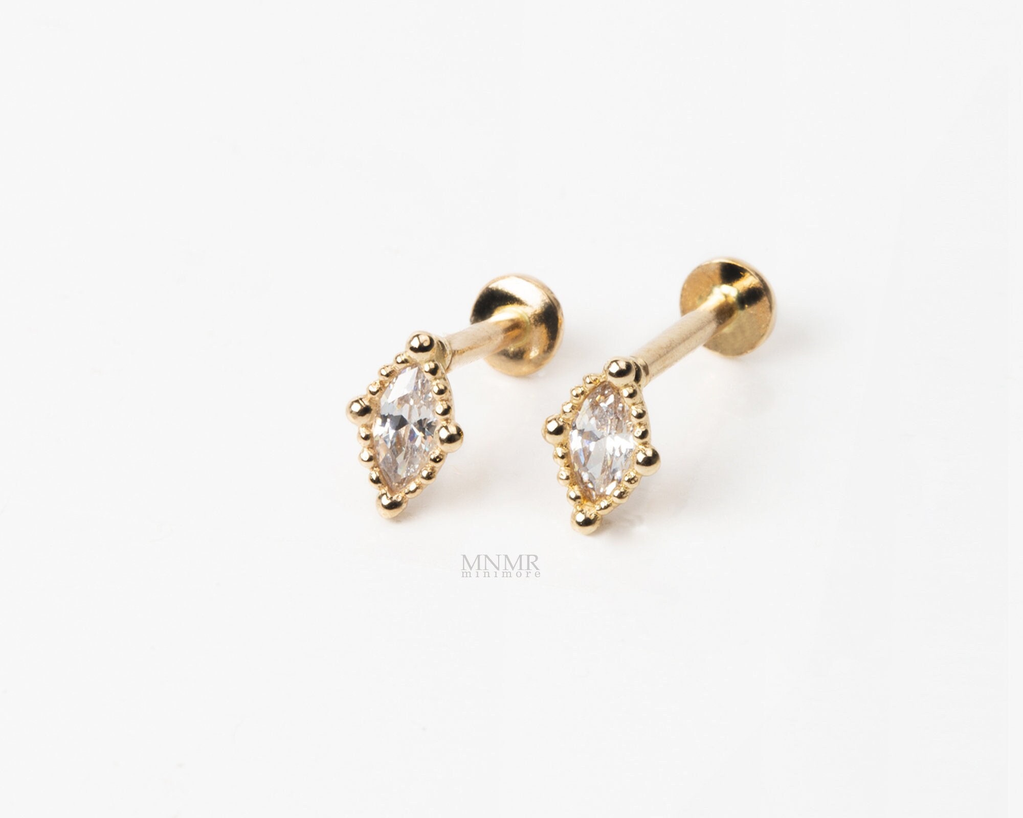 14K Solid Gold Internally Threaded Labret, Trinity Beads Boho-style ...
