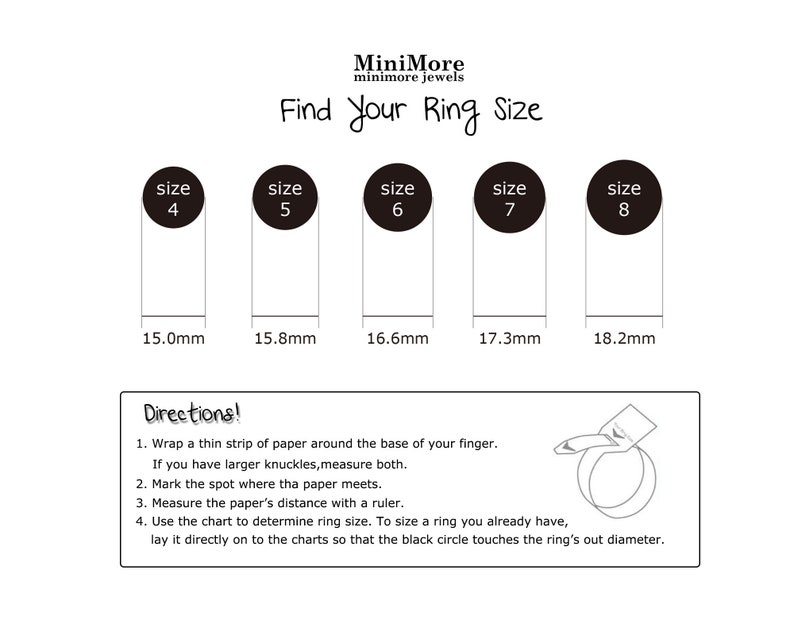 May include: A chart showing ring sizes with corresponding measurements in millimeters. The chart is labeled "Find Your Ring Size" and includes directions for measuring ring size.