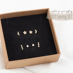 ¡Regalar! Conjunto de pendientes de cartílago de plata, Perno celestial, Perno de luna y estrella, Perno de reverso plano geométrico, Ideas de regalos de Navidad, Pendiente de caracola