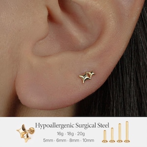 Silber Doppel funkelnder Stern Ohrstecker, 14K Gold Vermeil Stern Ohrstecker, 16G/18G/20G Flatback Labret