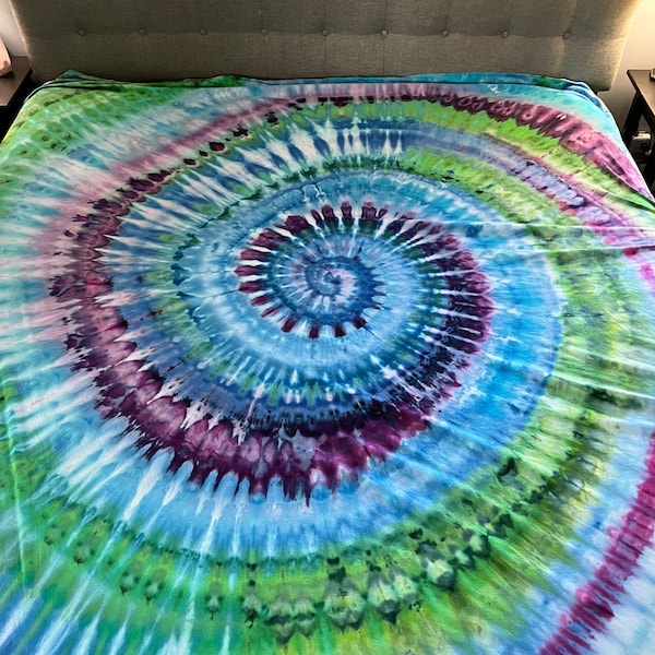 Green, Purple and Blue Spiral Custom Tie Dye Sheet Set - Tie Dye Sheets, Hippie Bedding, Tie Dye Pillowcases, Tie Dye Crib Sheets