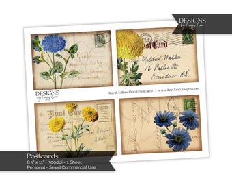 Vintage Floral Postcard Printables: Blue & Yellow Junk Journal Cards (Digital Download)