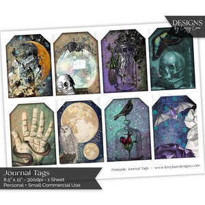 May include: Eight printable journal tags featuring a variety of spooky and whimsical designs. The tags include images of a crescent moon, a spider, a jar with a butterfly, a skull, a hand with a snake, an owl, a rose in a glass dome, and a bat.
