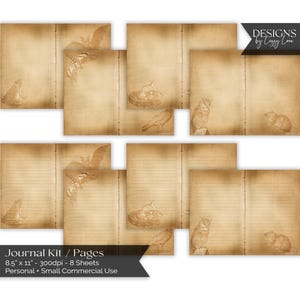 May include: A printable journal kit with 8 sheets of lined paper featuring vintage illustrations of owls, bats, and birds. The pages are 8.5 inches by 11 inches and 300 dpi. The text on the image reads "Journal Kit / Pages 8.5" x 11" - 300dpi - 8 Sheets Personal - Small Commercial Use DESIGNS by typy Com"