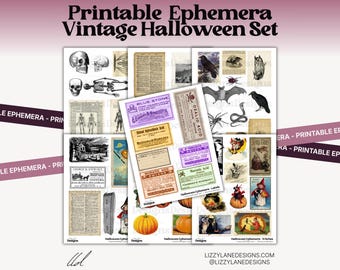 Op de afbeelding: Een verzameling printbare ephemera met vintage Halloween-afbeeldingen, waaronder schedels, skeletten, vleermuizen, raven, pompoenen en heksen. De set bevat diverse labels in apothekersstijl met teksten zoals Oxalic Acid en Muriatic Acid.
