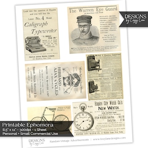 Vintage zufällige Werbung druckbare Ephemera | Schreibmaschine, Kamera, Taschenuhr | Digitaler Download | Junk Journal Versorgung, Papier Basteln