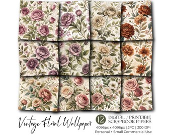 Vintage bloemen digitaal papierpakket: junkjournal-plakboekachtergronden (12 jpg's, 300 dpi)