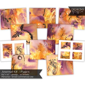 Let It Burn Band 1 A5 Warm getöntes Printable Journal Kit | Seiten, Karten, Cover | Digitaler Download | Aquarell, Feuer, Schädel, Motte, Flammen
