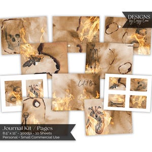 Let It Burn Band 2 Sepia Toned A5 Printable Journal Kit | Seiten, Karten & Cover | Digitaler Download | Aquarell, Feuer, Schädel, Motte, Flammen