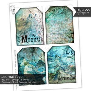 May include: Four printable journal tags featuring a mermaid theme. The tags are 8.5 inches by 11 inches and are 300 dpi. The tags feature a mermaid, an anchor, a compass, and the text "The Mermaid" and "In the Mermaids Cave".