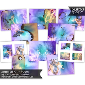 Let It Burn Band 3 A5 Printable Journal Kit | Seiten, Karten & Cover | Lila und Teal Aquarell, Feuer, Schädel, Motte, Flammen
