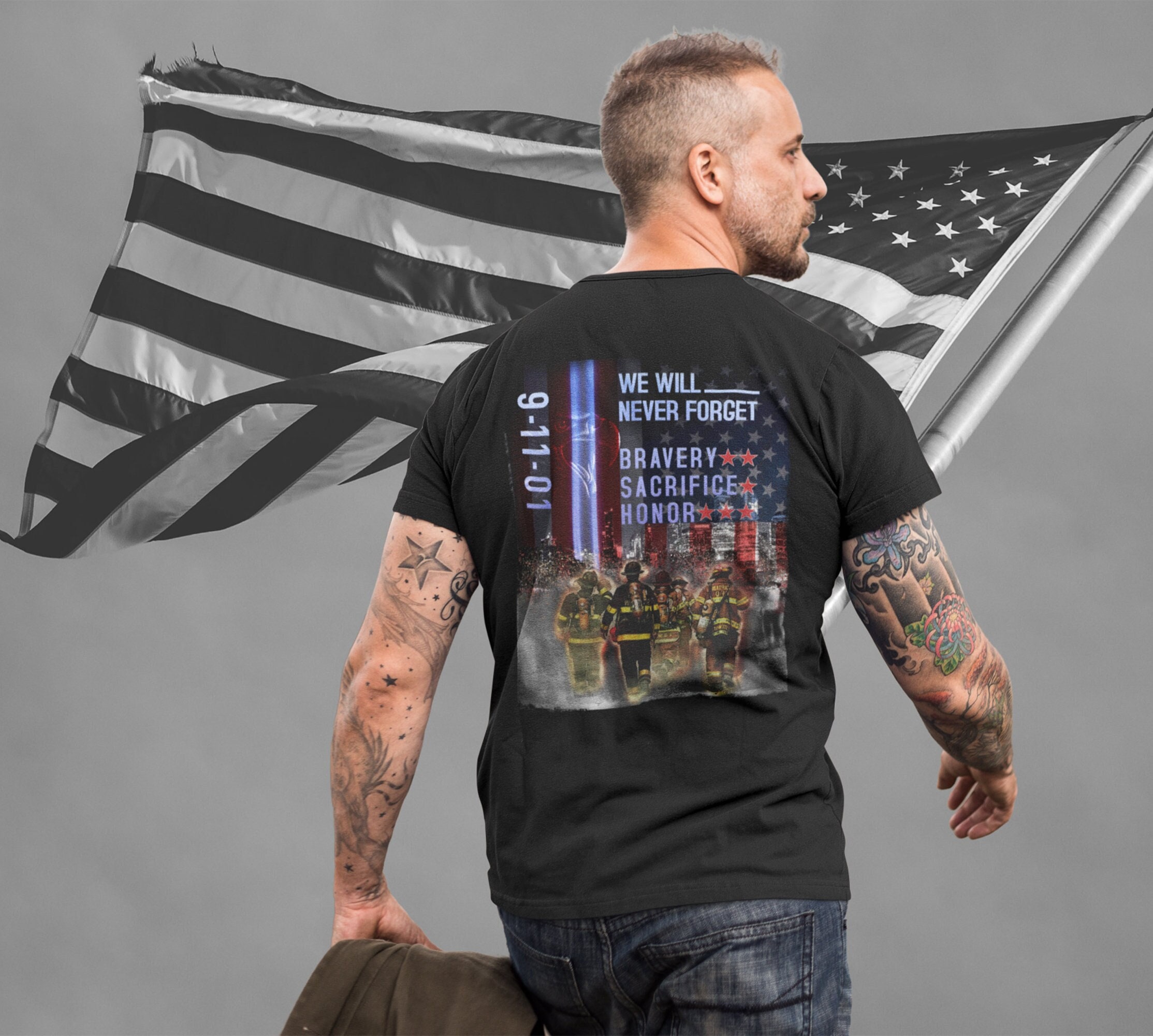 We Will Never Forget 9-11-01 Bravery Sacrifice Honor Tshirt We Will Never Forget 9-11-01 Bravery Sacrifice Honor Tshirt